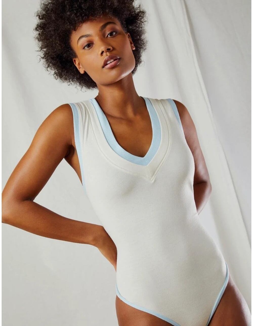 NWT‎ Intimately Free People Cozy Cool Girl Tank Bodysuit Ivory Blue Size XL